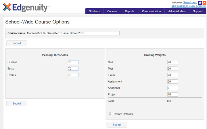 Screenshot of the Edit Course Options screen in the Edgenuity LMS