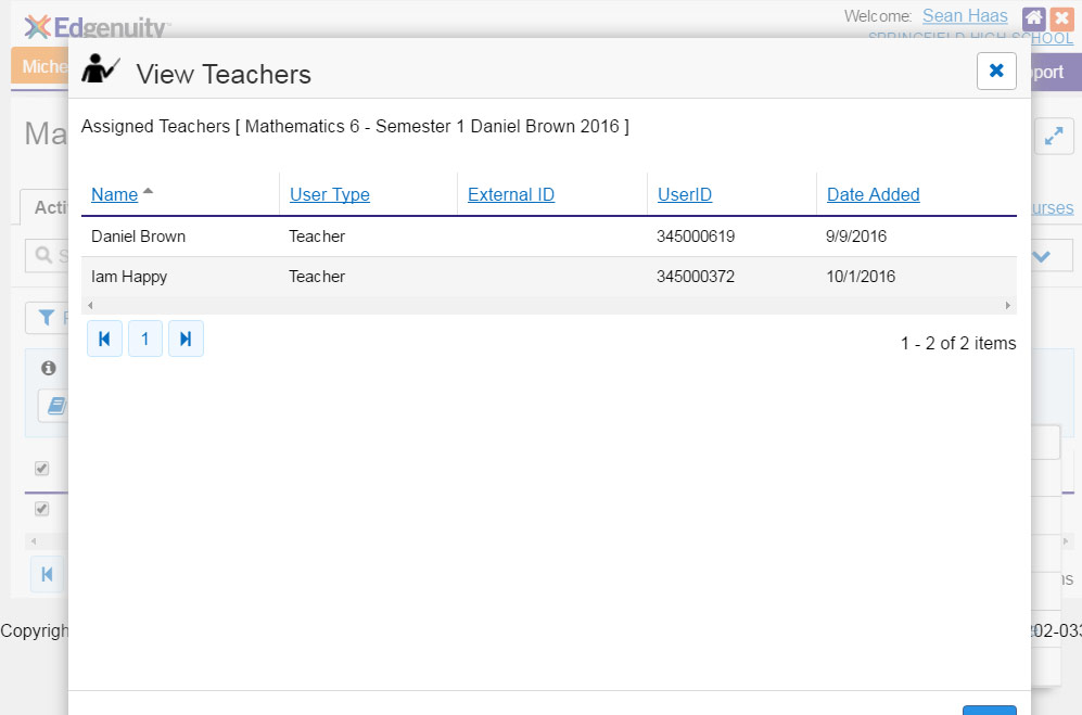 Screenshot of the View Teachers panel in the Manage Courses page of the Edgenuity LMS
