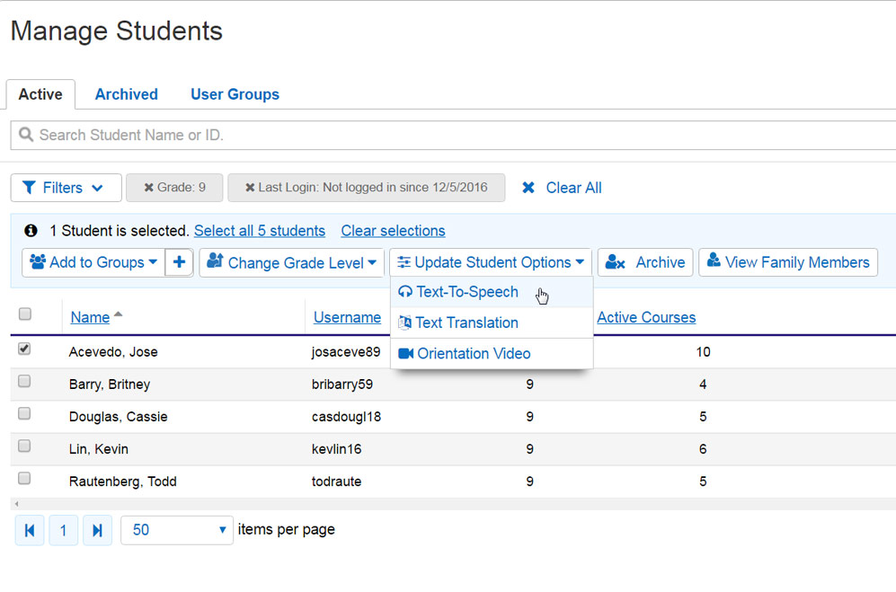 Screenshot of the Manage Students page in the Edgenuity LMS