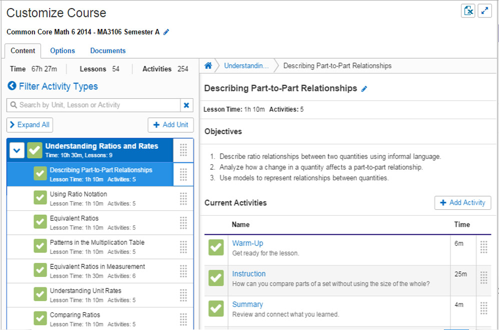 Screenshot of the course customization feature in the Edgenuity LMS